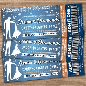 Editable Denim and Diamonds Daddy Daughter Dance Fundraiser Ticket Template, Blue Jeans and Bling Theme, School Pto Pta,