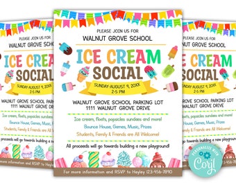 EDITABLE Summer Ice Cream Social Flyer, Ice Cream Party, Watercolor Flyer Template, Church School PTA PTO Flyer