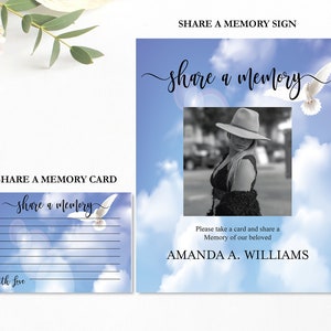 Editable Funeral Share a Memory Card and Sign, Blue Sky Dove Funeral Keepsakes for Guests, Printable and Downloadable
