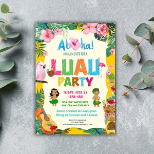 May include: A colorful invitation to a Luau party with a tropical theme. The invitation features a pink flamingo, a parrot, a ukulele, and a tiki mask. The text on the invitation reads "Aloha! Hula on over for a Luau Party." The invitation also includes the date, time, and address of the party.