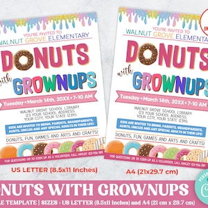 Donuts With Grownups Flyer, Father Mother Parents Grandparents Invitation, PTO PTA Event, School Fundraiser Event, Instant Download Template