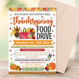 Editable Thanksgiving Food Drive Flyer, Fall Food Drive Flyer, Autumn Food Drive, School Church Community Hunger Drive, Invitation Flyer