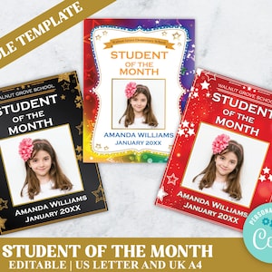 DIY Set of 3 Star Student of the Month Week Poster BUNDLE Colorful Red Black, Editable DIY School Award Template for Student