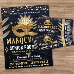 Editable Masquerade Prom Ticket and Flyer Invitation Bundle, Senior Prom, Junior Prom, Dance Flyer, Masquerade Ball, Masquerade Theme