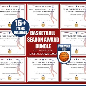 PRINTABLE Red White Blue PDF End of Season Basketball Award Certificates,16 Award Ceremony Sports Certificates