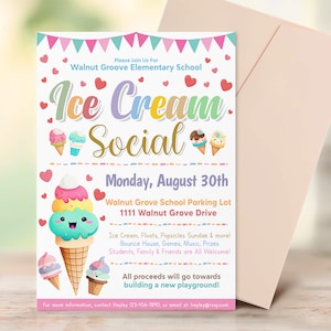 Ice Cream Social Invitation Template, Summer Ice Cream Themed Social Flyer, Fundraiser Party Invite, Ice Cream Activity, Ice Cream Invite
