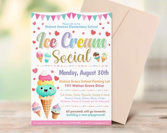 Ice Cream Social Invitation Template, Summer Ice Cream Themed Social Flyer, Fundraiser Party Invite, Ice Cream Activity, Ice Cream Invite