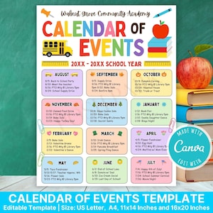 Editable PTA Calendar of Events Flyer Template | PTO Monthly Event Dates | Parent Volunteer Newsletter Calendar Monthly Yearly Events Flyer