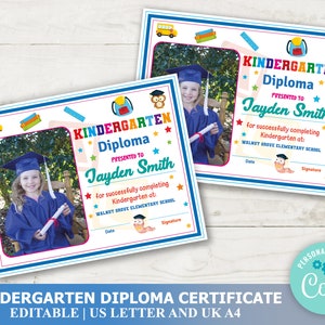 Kindergarten Diploma Editable Template with Photo, Kindergarten Graduation Certificate, INSTANT DOWNLOAD