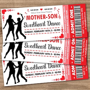 Mother Son Valentine's Dance Ticket, Editable School Sweetheart Dance Invite Ticket, Heart Day Dance Invitation Ticket,