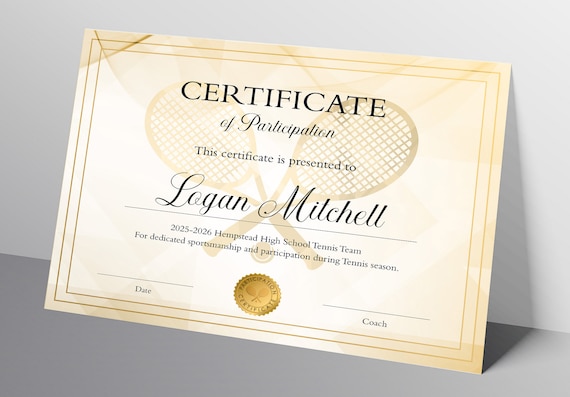 Editable Tennis Achievement Certificate, Customizable Printable Tennis Award with Picture of Tennis Racquets Il_570xn