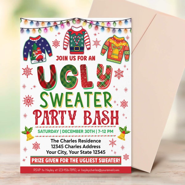 Ugly Sweater Party Flyer Template, Editable Ugly Sweater Holiday Party Invitation Poster, Ugly Sweater Contest, Instant Download