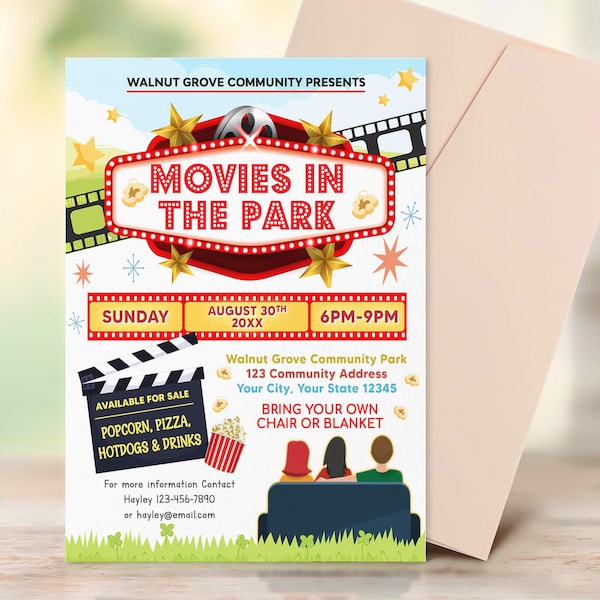 Editable Movies In The Park Flyer, Community Benefit Fundraiser, Outdoor Movies in the Park Poster, Printable Invitation Flyer