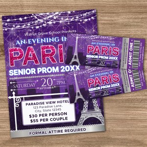 Editable An Evening in Paris Flyer and Ticket Bundle Template, A Night in Paris Prom Invitation, School Dance Event Ticket, DIY PTO PTA