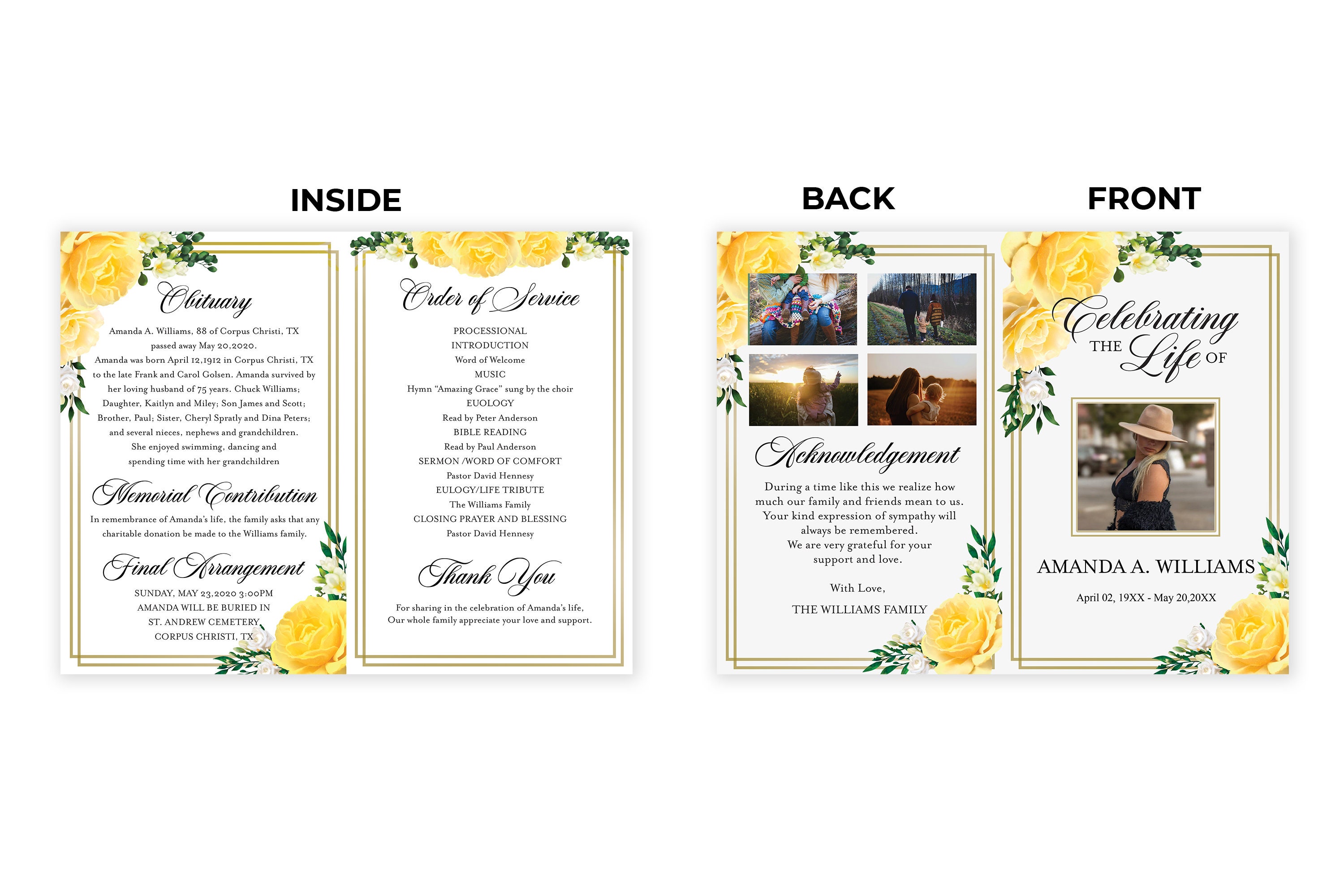 Yellow Roses Funeral Vector 4 Page Editable Yellow Rose Funeral Program Template, Obituary Template ...