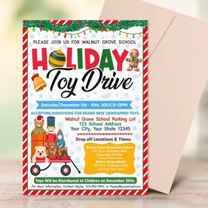 Holiday Toy Drive Flyer Editable, Toy Drive Invitation Template, Printable School Church Xmas Fundraiser, DIY Pto Pta Charity Invitation