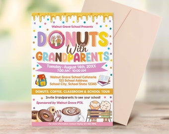 Donuts With Grandparents Flyer, Grandpa Grandma Invitation, PTO PTA Event, School Fundraiser Event, Instant Download Template