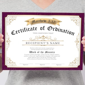 Certificate of Ordination Template, Editable Minister Certificate Template, DIY Editable Ministry Certificate, Licensed Minister Certificate