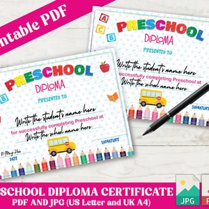Plantilla de certificado de preescolar en formato PDF imprimible, plantilla de diploma de preescolar, DESCARGA INSTANTÁNEA
