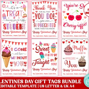 Valentines Day Appreciation Gift Tag Bundle, Set of 6 Editable Teacher, Student Staff, Friend Valentine Gift Tag