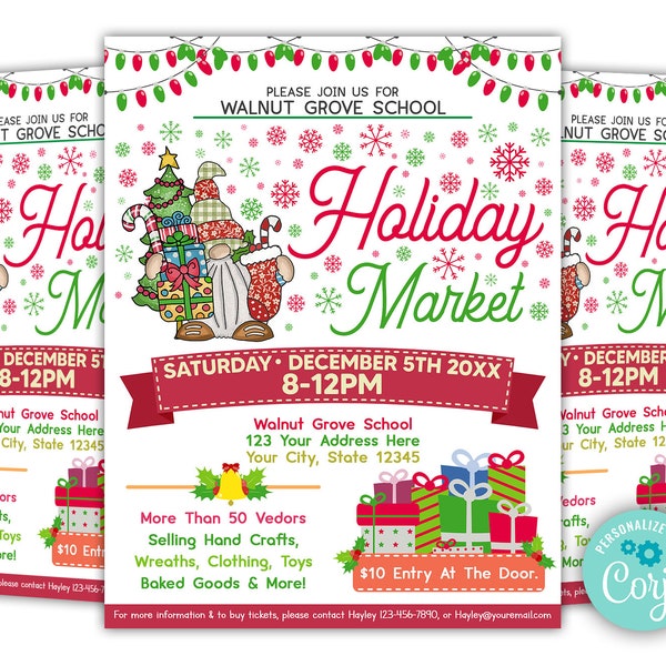 Editable Holiday Market Flyer Template, Community Holiday Event, Church School Bazaar, Christmas Craft Show Invitation