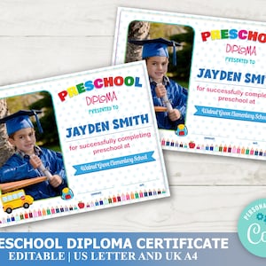Editable Preschool Diploma with Photo, Preschool Certificate Template, INSTANT DOWNLOAD