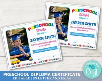 Editable Preschool Diploma with Photo, Preschool Certificate Template, INSTANT DOWNLOAD