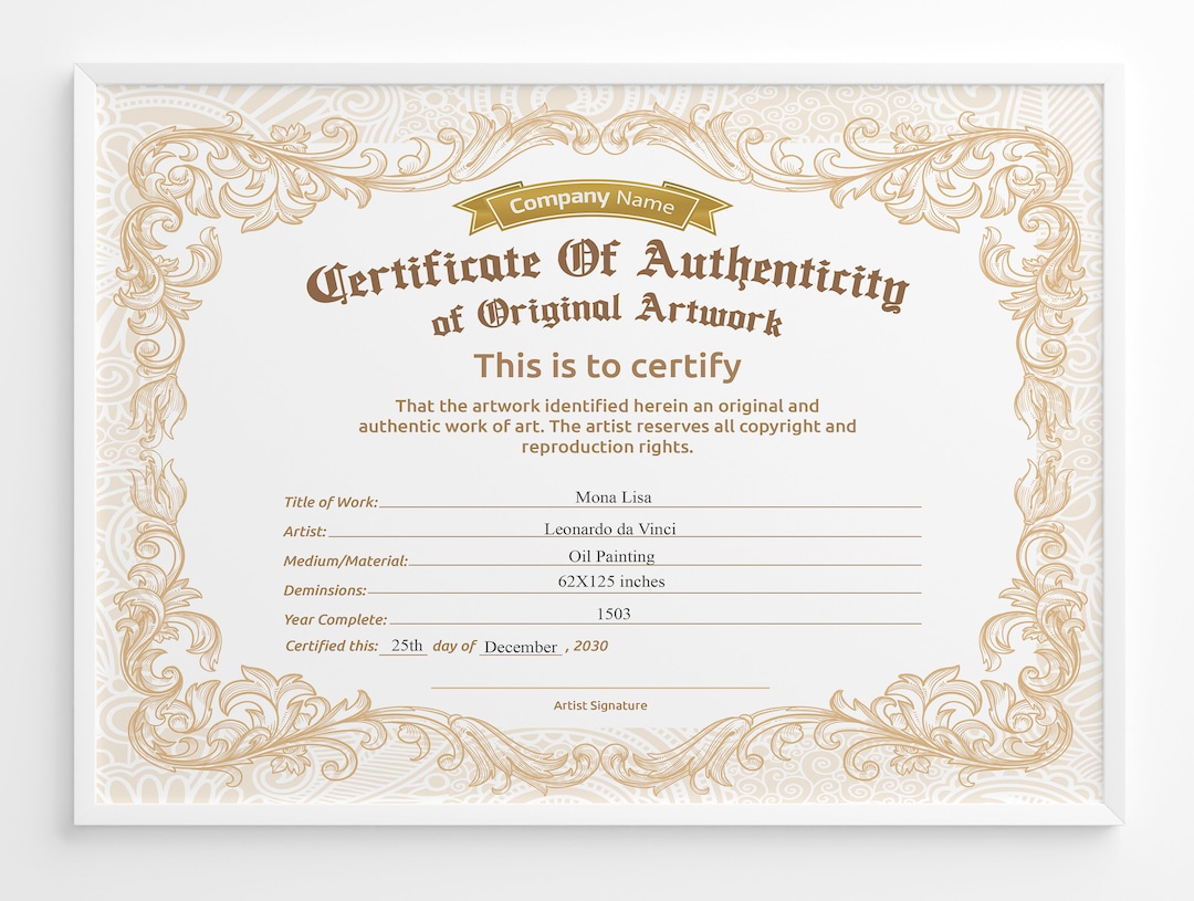 EDITABLE Certificate of Authenticity for Artwork, Diy Authenticity