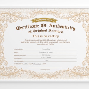 EDITABLE Certificate of Authenticity for Artwork, Diy Authenticity Certificate Brown Gold