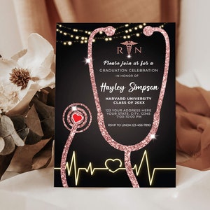 Editable Nurse Graduation Invitation Black and Rose Gold, Nursing Grad Invite Template, Graduation Party Invitation, Paperless Post