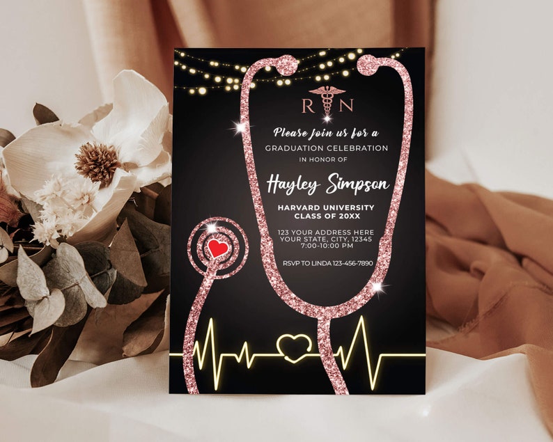 Editable Nurse Graduation Invitation Black and Rose Gold, Nursing Grad Invite Template, Graduation Party Invitation, Paperless Post