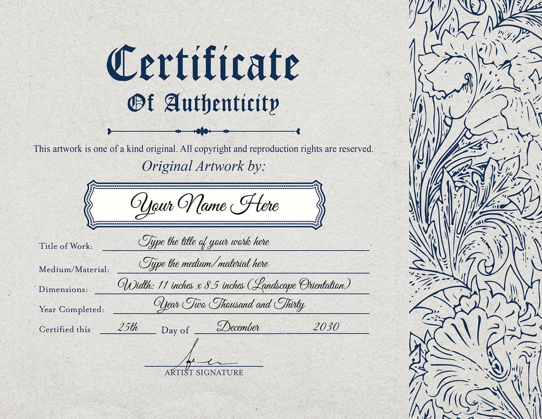 Custom Certificate of Authenticity Template, Diy Editable