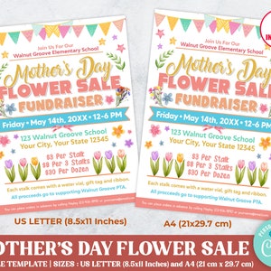 Editable Mother&#39;s Day Flower Fundraiser Flyer, School PTO PTA Fundraiser Event, Roses Carnation Fundraiser, Editable Fundraiser
