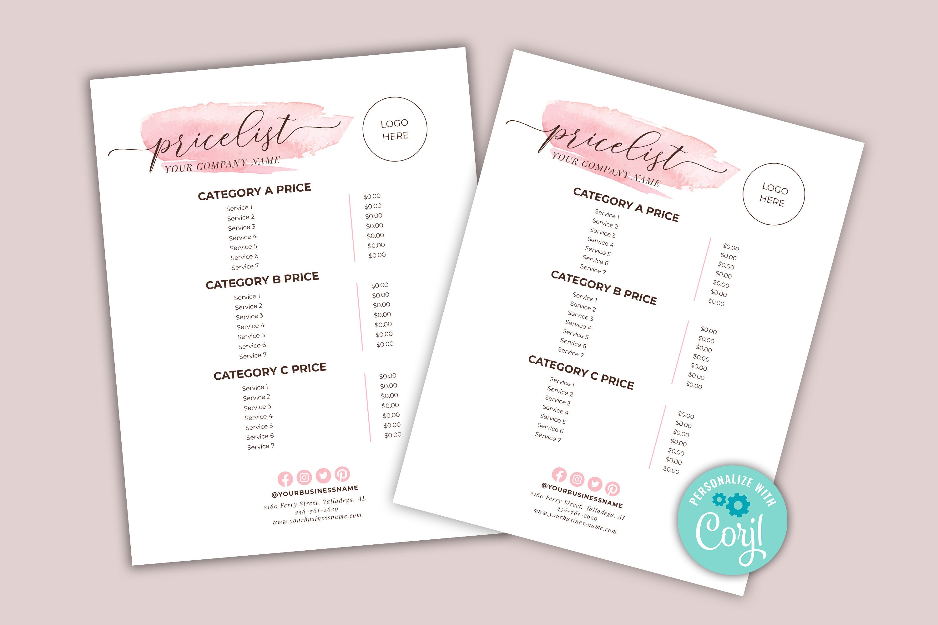 Editable Price List Flyer, Minimalist Price Template With Pink Brush ...