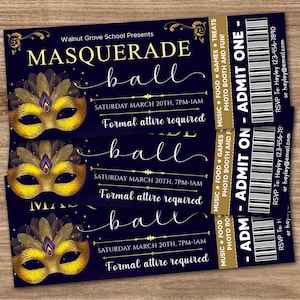 Editable Masquerade Ball Invitation Ticket Template, Masquerade Prom Ticket, Junior Senior Prom Party, Masquerade Theme Party,