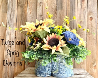 Everyday Sunflowers and Poppies Floral Arrangement,  Ceramic Denim Shorts Centerpiece, Sunflower Centerpiece, Summer Sunflower Home Decor
