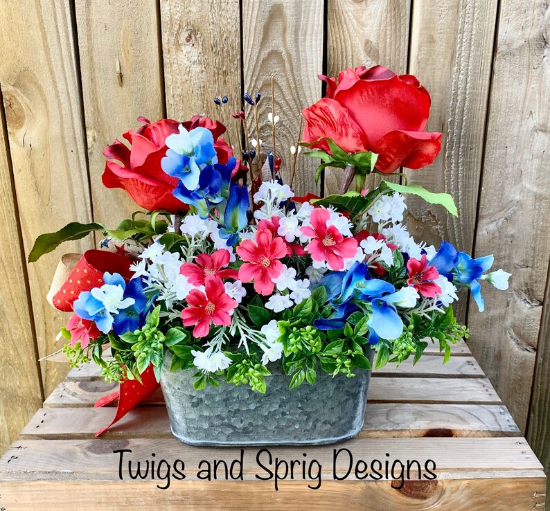Patriotic Red Rose Floral Arrangement, Americana Home Decor, Farmhouse