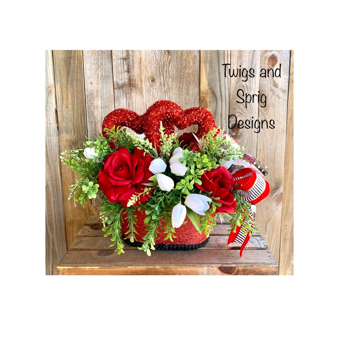 Valentine Hearts Centerpiece, Valentine Red Roses Decor, Red & White ...