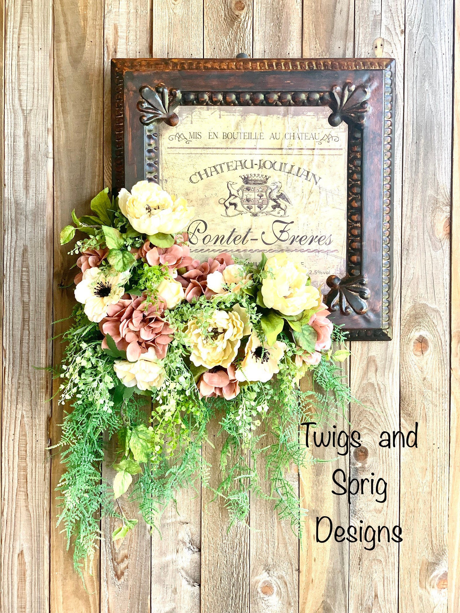 Cottage Style Floral Wall Decor, French Country Floral Wall Hanging, Cream Peonies Wall Decor