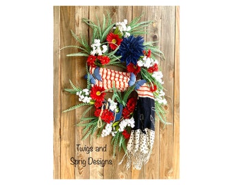 Patriotic Scarf Wreath for Front Door, Red, White and Blue Decor, 4th of July Wreath for Porch, Anchor Floral Grapevine, Housewarming Gift