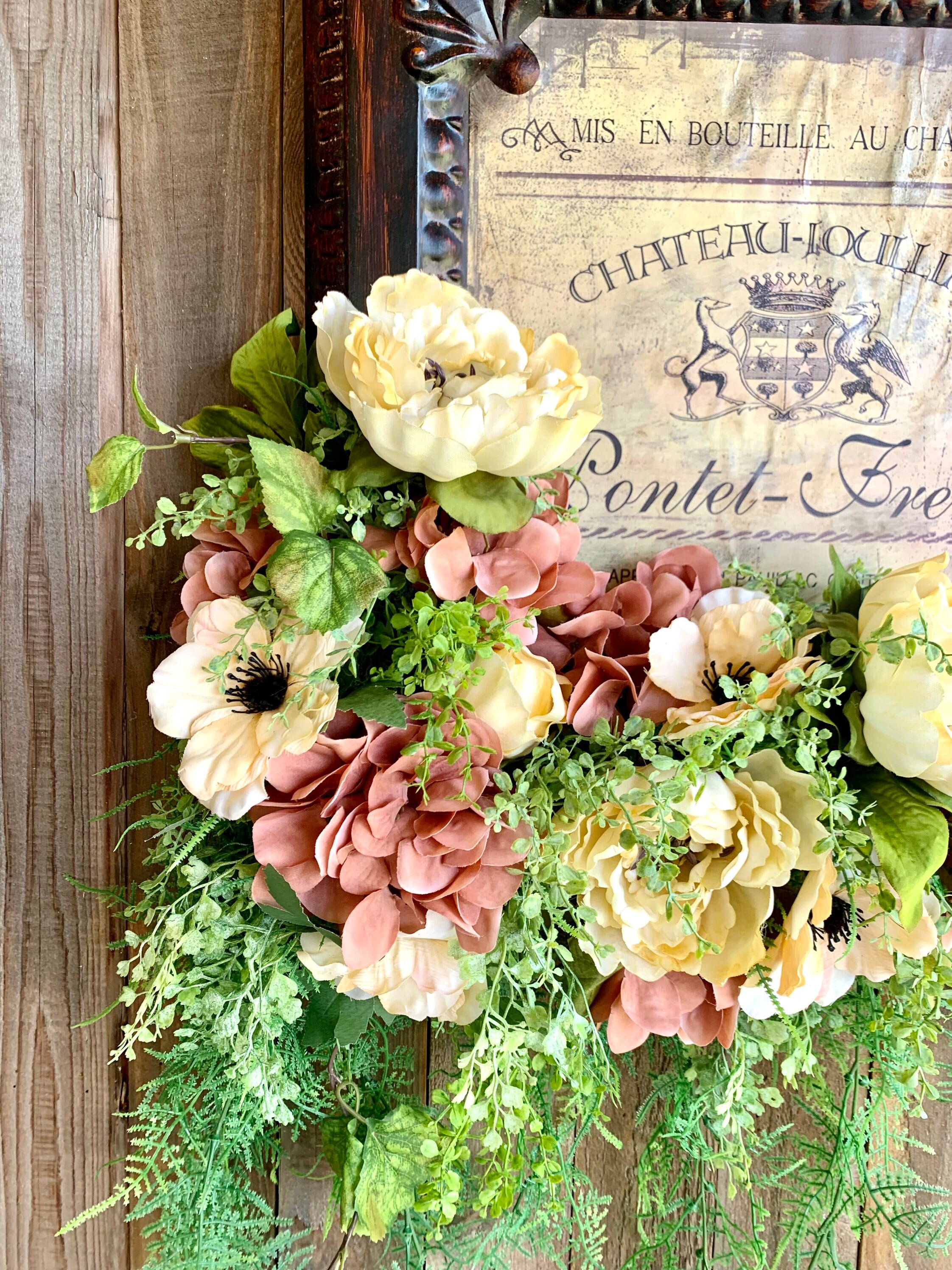 Cottage Style Floral Wall Decor, French Country Floral Wall Hanging, Cream Peonies Wall Decor