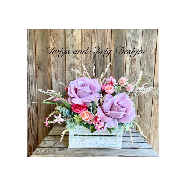 Handcrafted Wood Caddy Floral Centerpiece, Cottage Chic Pink Rose Arrangement, Ranunculus and Pink Berry Decor, Birthday Gift, Home Decor