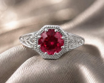 Bague de fiançailles vintage en argent sterling rubis, cadeau de promesse de bijoux avec pierre de naissance de juillet pour femme.