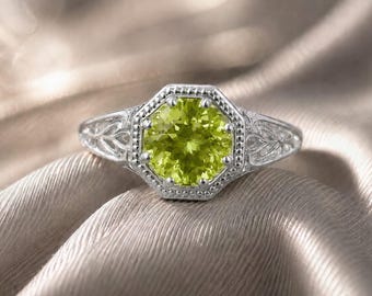 Natural Peridot Ring, 925 Sterling Silver Vintage Engagement Ring, August Birthstone Gift Her.
