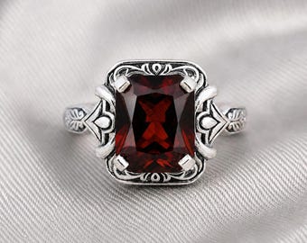 Bague de fiançailles grenat vintage, bague de naissance de janvier taille princesse en argent sterling 925 Art déco.