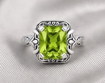 Bague de fiançailles péridot naturel, bague cadeau vintage Art déco en argent sterling 925 avec pierre de naissance du mois d'août.