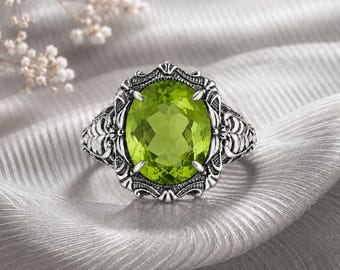 Bague de fiançailles péridot naturel, cadeau bijoux de pierre de naissance d'août Art déco en argent sterling vintage pour femme.