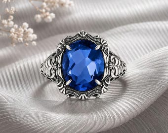 Bague de fiançailles vintage saphir de laboratoire, bijoux de pierre de naissance de septembre ovales Art déco en argent sterling 925.