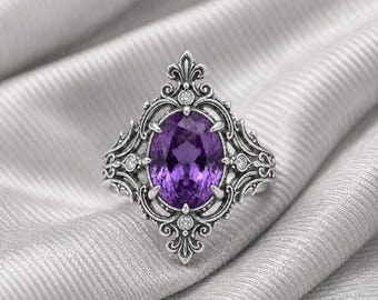 Bague de mariage vintage en améthyste, cadeau de promesse antique de bijoux de promesse Art déco en argent sterling de février.