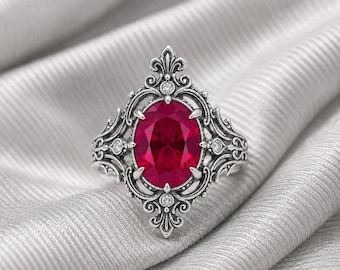 Bague femme rubis vintage, bague de fiançailles en argent sterling avec pierres précieuses rouges Art déco, pierre de naissance de juillet.